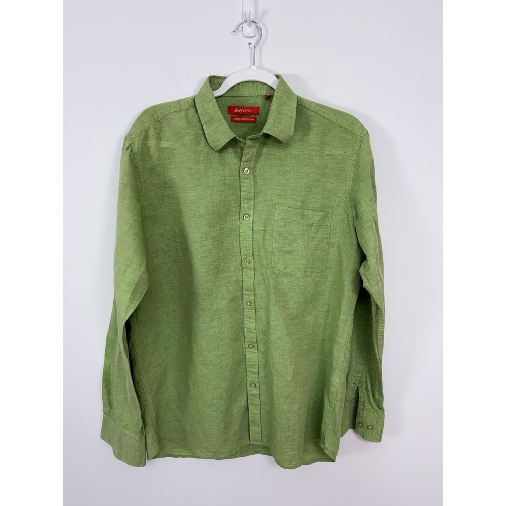 Laven Sport Long Sleeve Luxury Linen Cotton Coastal Vacation Lime Green Shirt 42